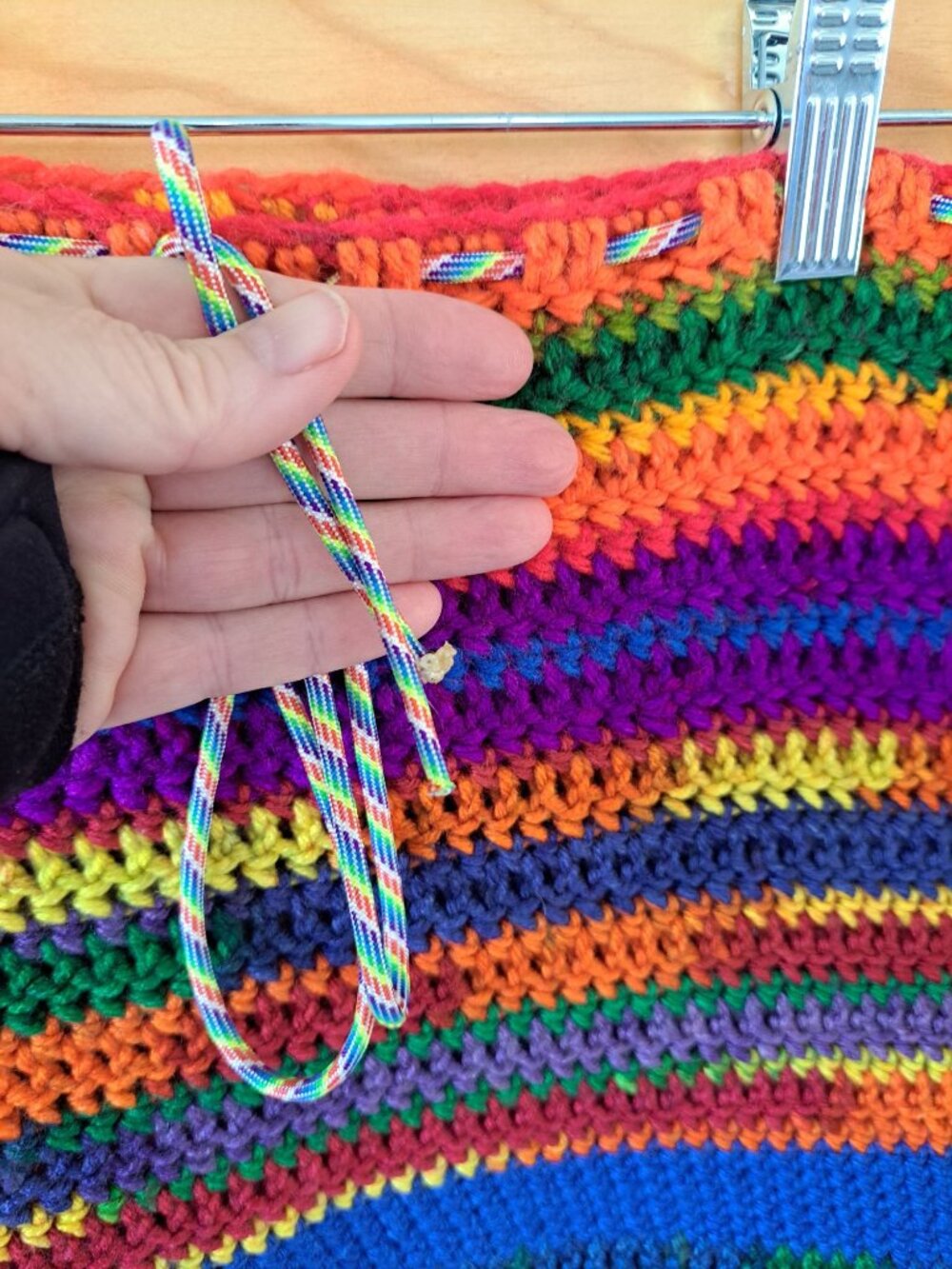 Handmade Crochet Rainbow Striped Sleeveless Top Drawstring Multicolor Yarn M - Picture 2 of 10